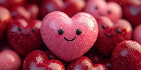Cute heart-shaped emoticons with glistening water droplets and fresh dew, pure affection imagery for Valentine promotions and love celebrations.