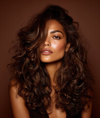 Natural hair care portrait, brunette woman with curls	
