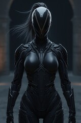 Fototapeta premium Cinematic frontal introduction of mechanical cyborg warrior standing in ancient stone night space
