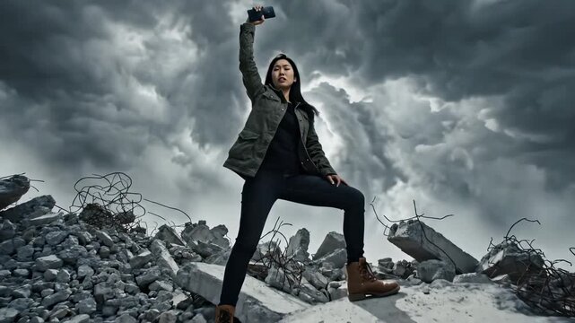 A determined individual poses boldly amidst rubble and debris, defiantly taking a selfie as dark storm clouds swirl overhead, creating an intense atmosphere of resilience and strength.