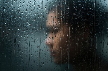 Rain soaked window with blurred human silhouette creating moody atmospheric background