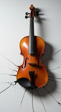 A broken violin rests starkly upon a fractured, bright white surface, emphasizing silence and lost music in a minimal composition ,decay, instrument, broken