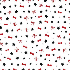 Red ribbons black stars with white background. Seamless fabric design pattern
