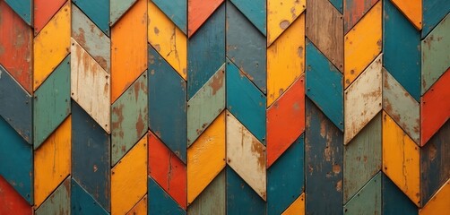 Arrows form pattern of colorful wood pieces. Textured wood background of vintage planks with arrow arrangement. Painted rustic wooden blocks design. Arrows in chevron arrangement point in opposite