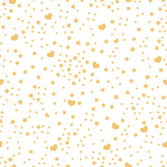 Obraz na płótnie Canvas Yellow gold hearts and stars with white background. Seamless fabric design pattern