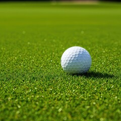 A vibrant close-up view of a bright white golf ball sitting perfectly on lush, healthy green grass on a manicured golf course fairway, outdoor, vacation, spring