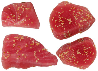 Fresh tuna steaks sprinkled with sesame seeds, red flesh, four pieces
