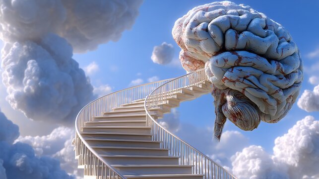 Flynn Effect and rising IQ a staircase made of human brains spiraling endlessly upward into a bright futuristic sky generational intelligence increase sci fi conceptual art clean and bright