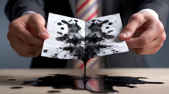 Rorschach Inkblot test reality psychologist holding up inkblot card but ink dripping off the card and forming a puddle of dark monsters on the floor projective testing subconscious fear creative trend