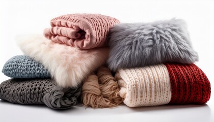 cozy knitted pillows and blankets white isolate background