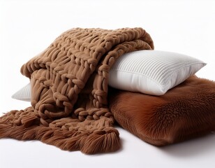 cozy blanket and decorative pillow white isolate background