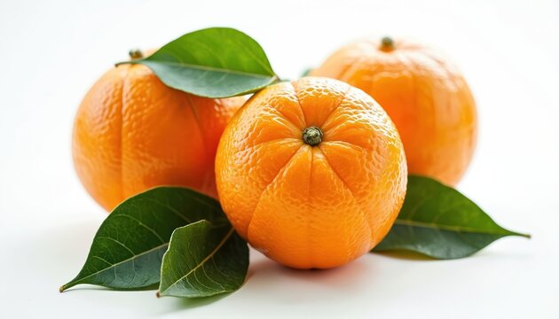 Three tangerines with foliage are on white background. Close up studio shot of citrus fruits. Orange mandarins with green leaf. Fresh tangerines, vitamins, healthy diet, tropical fruit, sweet dessert.