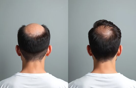 Male baldness before and after hair transplant surgery result. Hair regrowth shown on crown area comparison. Man gains confidence with new full hair growth treatment.