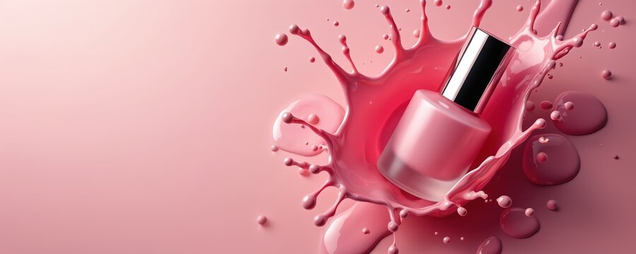 Pink nail polish bottle with splash on pink backdrop. Concept for beauty product ads, fashion, glamour. Great for skincare, cosmetics, nail art, manicure, beauty blogs. Liquid texture adds elegance