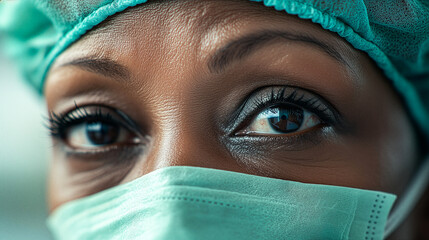 Focused eyes of black adult woman healthcare worker wearing medical mask and surgical cap indoors - pandemic, medical care, healthcare responsibility