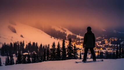 Man snowboarder waiting on mountain top at sunset. Winter sports with dramatic sky and glowing village lights. Outdoor recreation adventure.