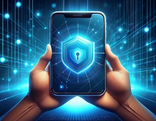 secure smartphone mobile phone digital security protection privacy network data encryption technology safeguard online safety hand holding modern technology blue abstract