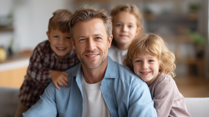Obraz premium Hug happy portrait faceless father with children on sofa love care relax family home smile dad with boy kids quality time affection comedy couch house