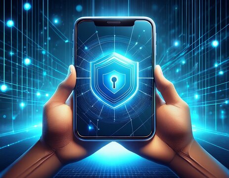 secure smartphone mobile phone digital security protection privacy network data encryption technology safeguard online safety hand holding modern technology blue abstract - Powered by Adobe