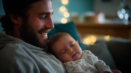 Loving faceless father holding mixed race baby son to chest leaning back sofa boy happily sleeping father love tender moment family bonding defocused background