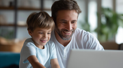 Smiling faceless father sits with young son both looking at laptop expressions joy bright modern living room technology bonding family learning