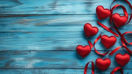 A collection of red hearts with ribbons on a blue wooden background for Valentine's Day or love-themed designs Valentine day Special