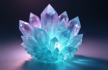 Glowing cluster of clear amethyst crystals shimmers with blue and purple light. Faceted gemstones form geometric patterns on dark background. Natural mineral formation illuminates soft ethereal glow.