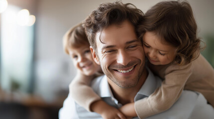 Warm joyful moment between faceless father and two children bright modern living room family bonding parent kids connection home happiness defocused background