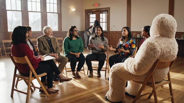 A lively group shares stories and laughter in a welcoming community space. The warm atmosphere enhances the joyful interactions, even with a playful polar bear mascot present.
