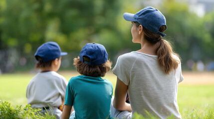 Faceless parents and children watching baseball together family sports bonding recreational activity quality time shared entertainment defocused background with