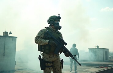 Naklejka premium Armed soldier in combat gear stands on roof. Military man wears helmet gas mask holding rifle. Another figure is in the background in smoke during combat or a drill.