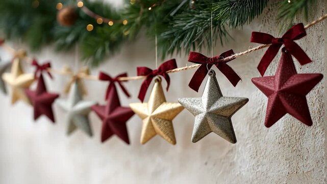 Festive star ornaments hang elegantly on a string with twinkling lights and evergreen leaves