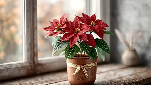 Festive poinsettia plant adorns rustic window sill with soft autumn light