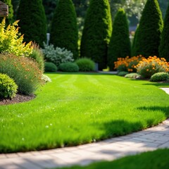 Obraz premium Well maintained green lawn near home. Smooth trimmed grass in yard, flowerbed with flowers and trees. Garden landscape design idea for suburban house with lawn.