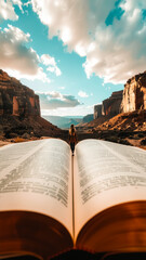 Surreal Scene of a Girl Walking into a Canyon Through the Pages of a Giant Open Book