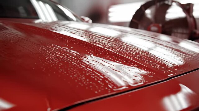 Sunlight glimmers on the polished surface of a red car as water droplets roll off. A gentle breeze from fans adds a fresh touch to the gleaming finish, creating a stunning display of cleanliness.