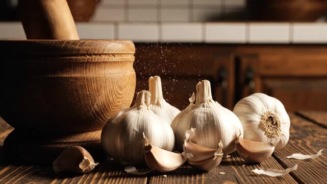 Garlic Preparation With Mortar And Pestle On A Rustic Wooden Tabletop Food Still Life