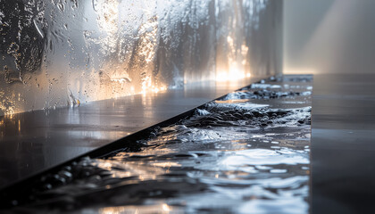 Modern Minimal Interior with Reflective Water Surface and Textured Wall in Soft Light