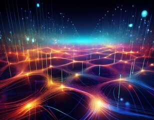 dynamic network of glowing digital connections pulsing with energy in a vibrant abstract tech landscape