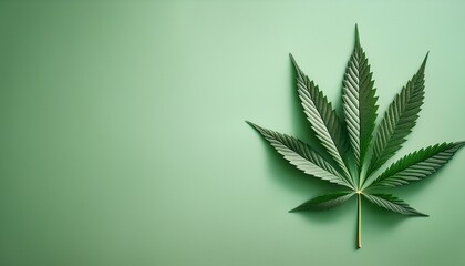 a minimalist cannabis indica leaf against a solid light green background with copy space