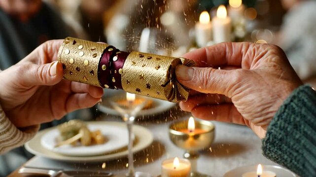 Festive celebration with christmas cracker pulling at cozy dinner table