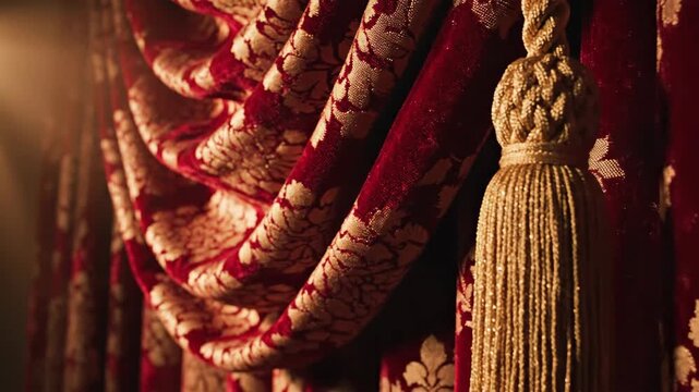 Close up of a richly patterned red and gold fabric with detailed woven design