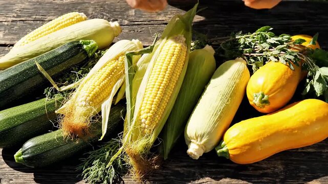 Freshly Harvested Corn Cobs, Zucchini and Summer Squash Displayed on Wooden Table, Preparation