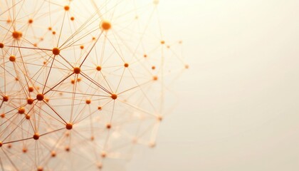 Abstract network of interconnected orange spheres and lines on cream background. Digital web structure with empty space for text. Futuristic technology concept for business or science.