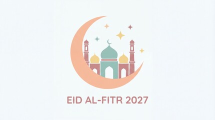 Fototapeta premium Eid al fitr 2027 celebration with colorful mosque and crescent moon graphic design with Islamic celebration and Muslim holiday and Festive and Religious graphic