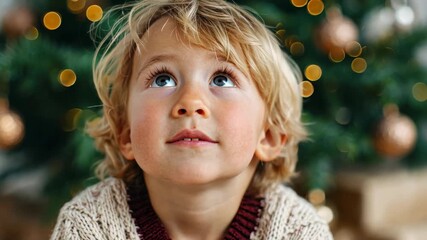 Curious child gazing at christmas tree with wonder and joyful anticipation