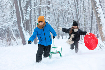 Happy children running and playing with sled and snow slider in snowy winter park. Joyful boy and girl enjoying active outdoor winter fun in a forest. Concept of healthy childhood and winter holidays. © Светлана Мищенко