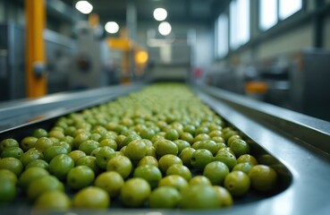 Olives move on conveyor line at factory. Fresh green olive fruits transported on production line. Food industry concept shows automated process and sorting of organic products.