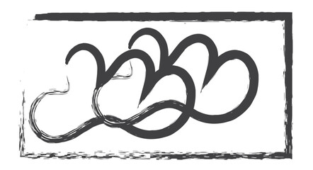 a striking black and white illustration depicts abstract swirling shapes resembling ribbons or a stylized representation of intertwined organic forms within a frame