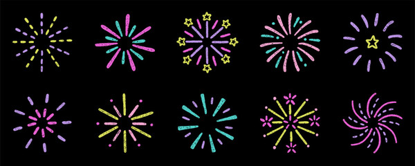 Crayon fireworks, сhalk pencil sparkling stars doodle set. Kids color firecracker, confetti, sunburst, explosion in sketch style. Grunge texture. Hand drawn illustration isolated on black background